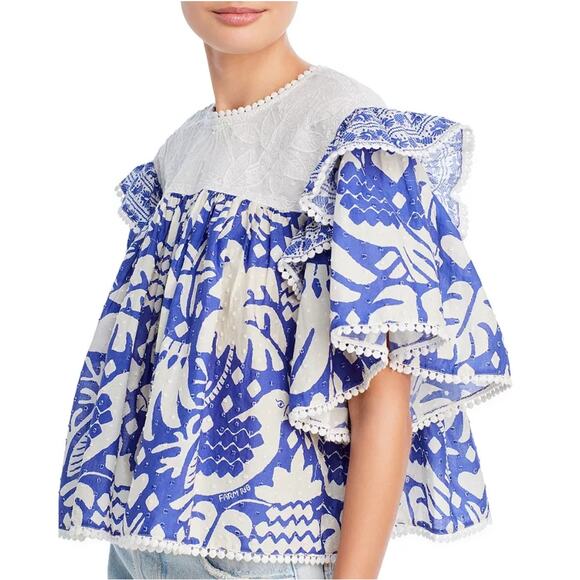 Farm Rio Jungle Scarf Ruffle Lace Blouse Womens Large Blue White Flutter Sleeve - Picture 4 of 11